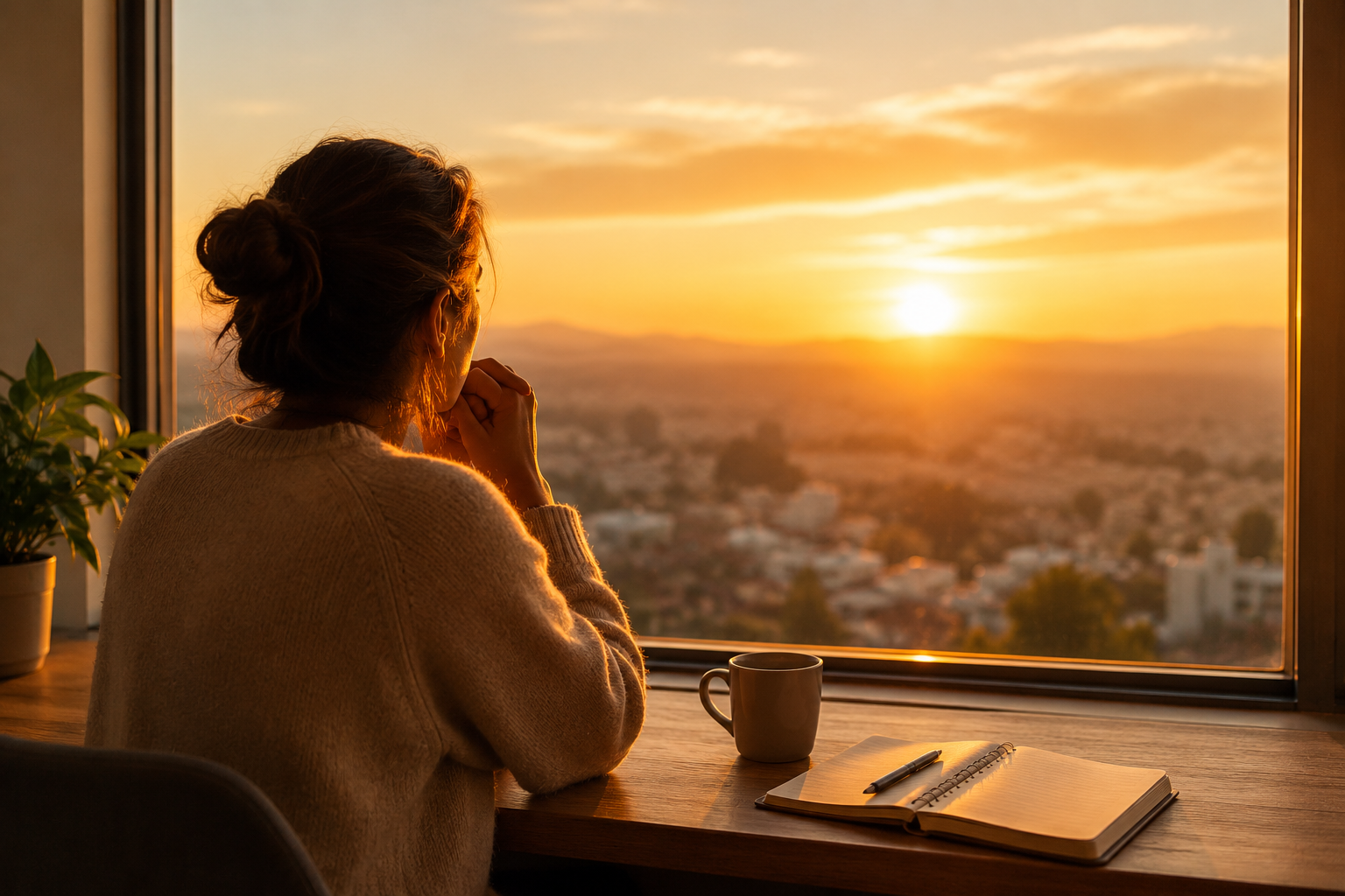 Mujer contemplando el amanecer desde una ventana mientras reflexiona sobre cómo superar sus deudas y recuperar su libertad financiera.