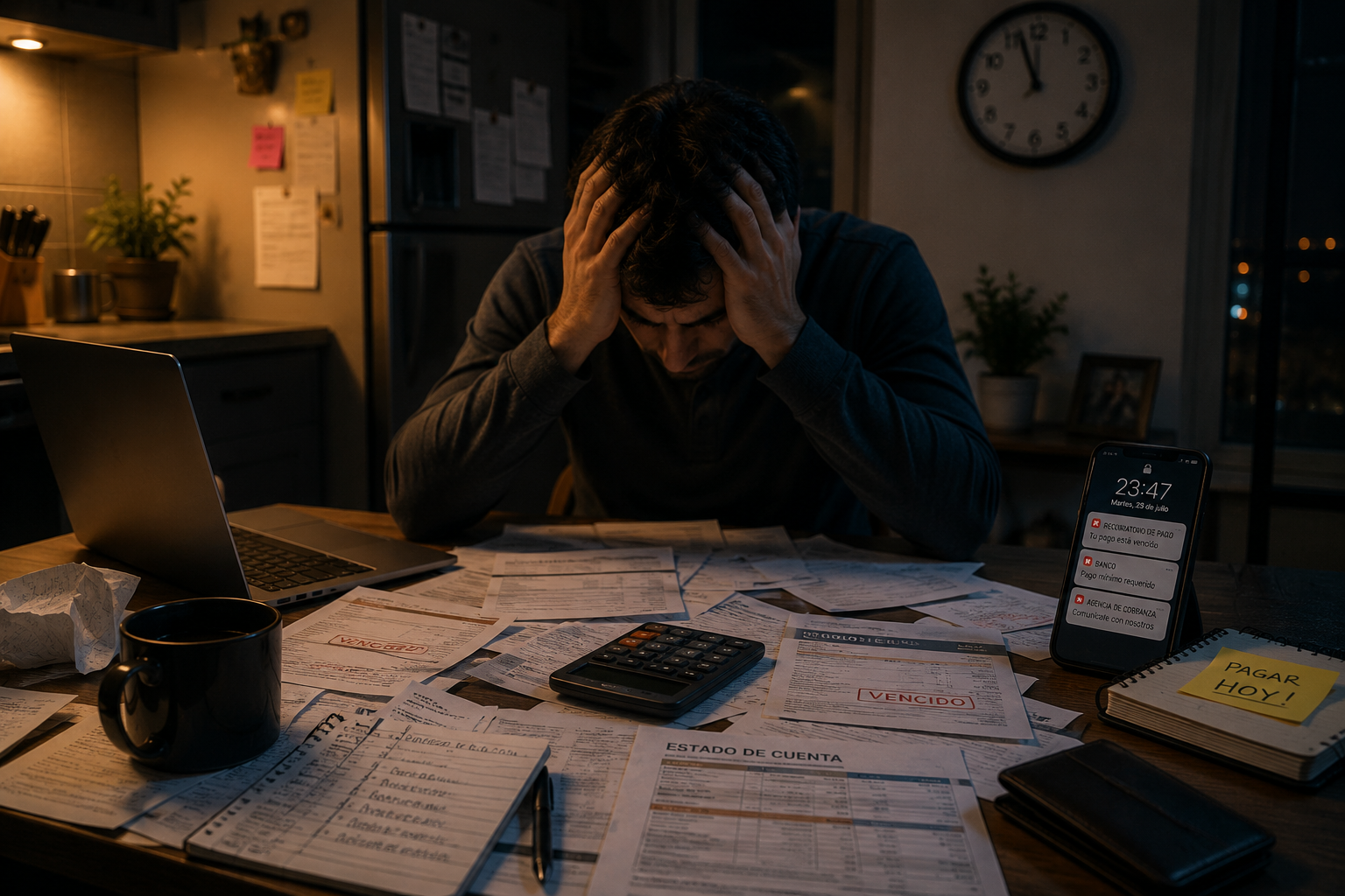 Persona sentada frente a una mesa llena de cuentas y documentos durante la noche, reflejando el estrés financiero y el modo supervivencia del cerebro.