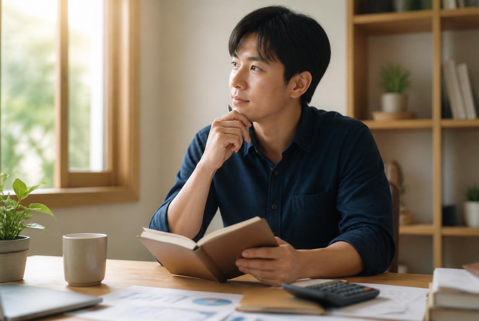 Persona reflexionando en su escritorio con un cuaderno, calculadora y documentos, representando el momento de reconocer errores financieros y decidir cambiar.